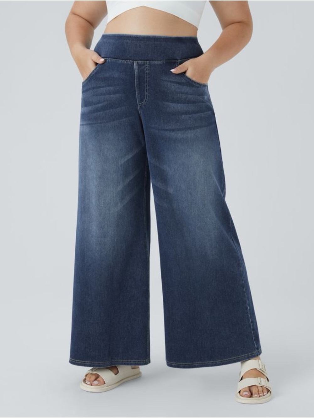 Wide Leg Pull-On Jeans for Women - Dark Blue